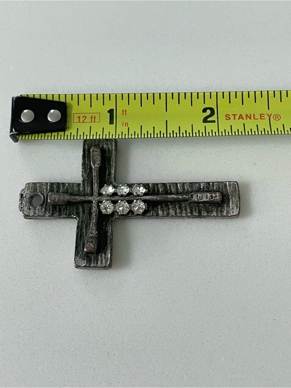Vintage Hammered Metal Cross Pendant With Rhinestone Accents